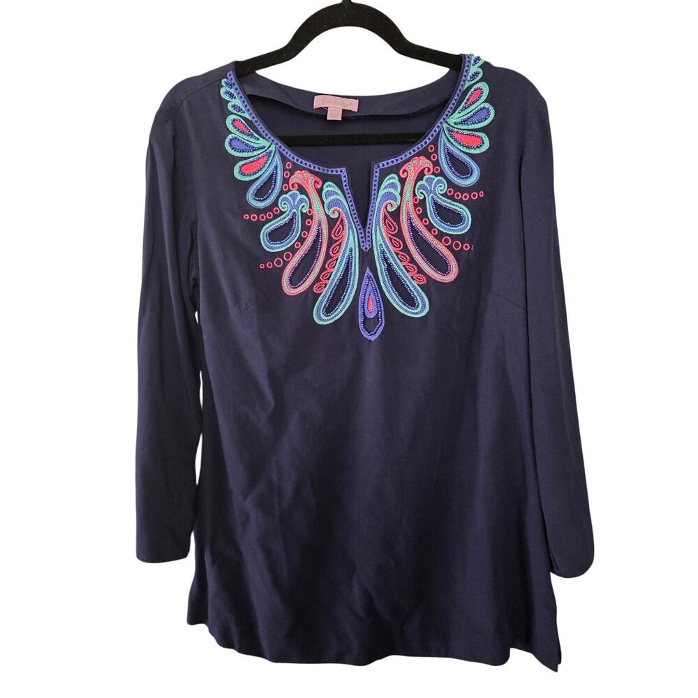 Lilly Pulitzer Navy Blue Tunic Embroidery Beading Boho Restortwear Colorful Med